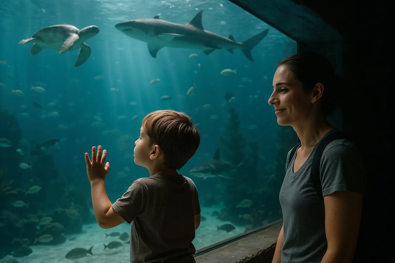 A solo parent and child experiencing wonder together inside a theme park aquarium pavilion, highlighting quiet magic during their solo parent story