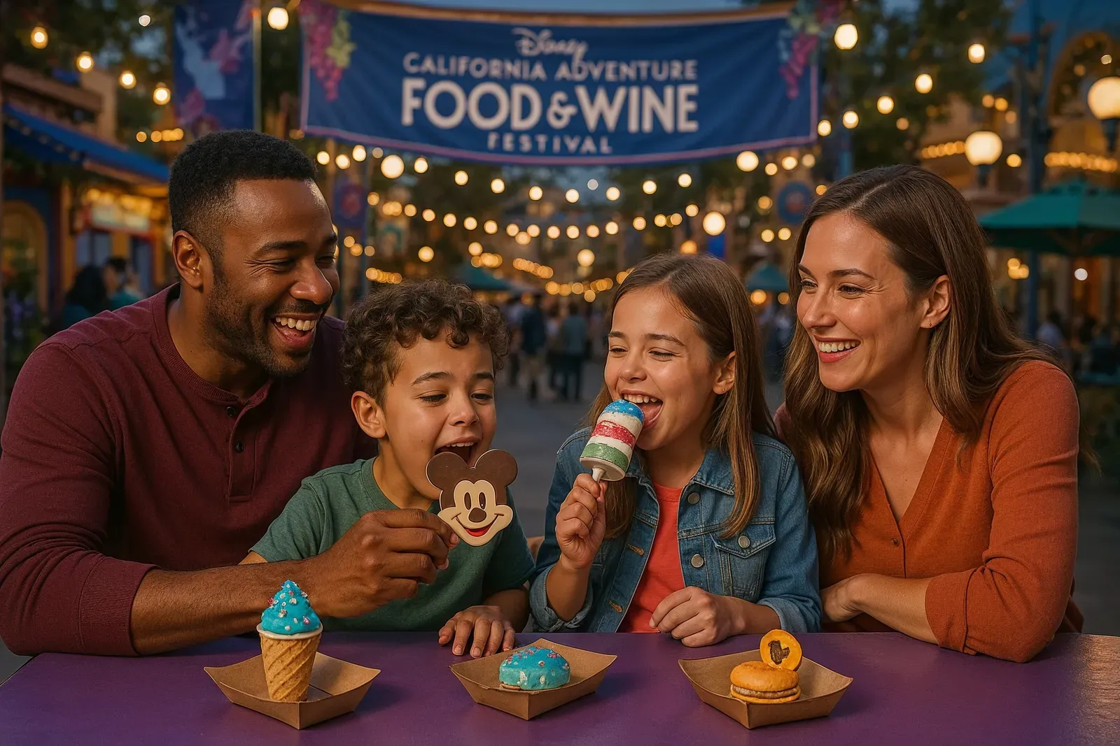 Family enjoying kid-friendly foods at disneyland california adventure food and wine festival