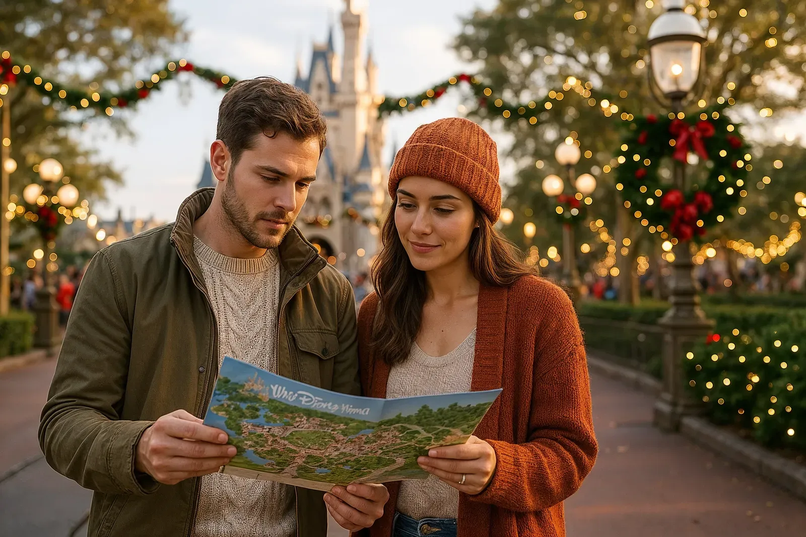 best time to visit disney world couple enjoying holiday decorations in mild weather