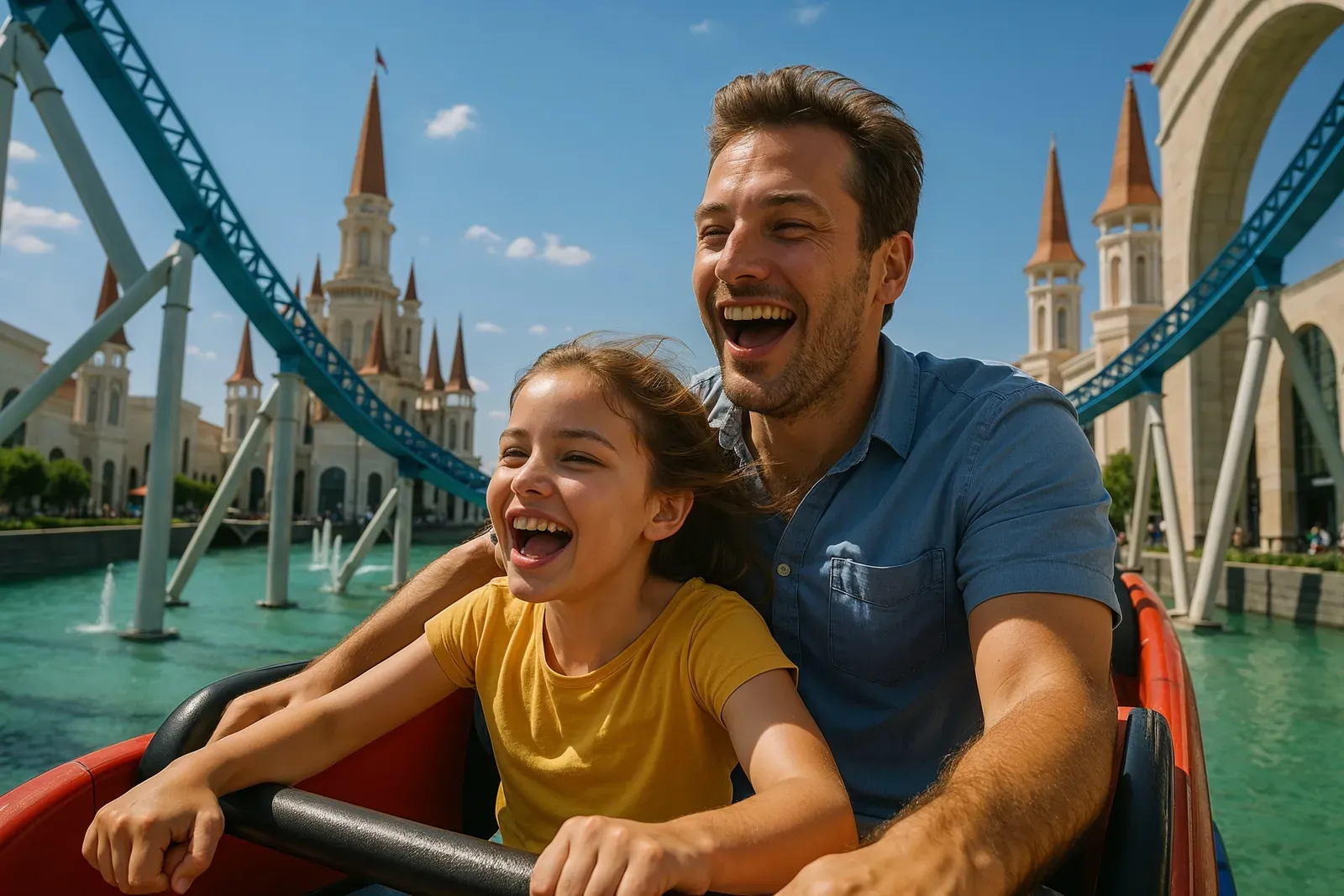 A family experiencing a roller coaster at The Land of Legends theme park, highlighting international best theme parks besides Disney.