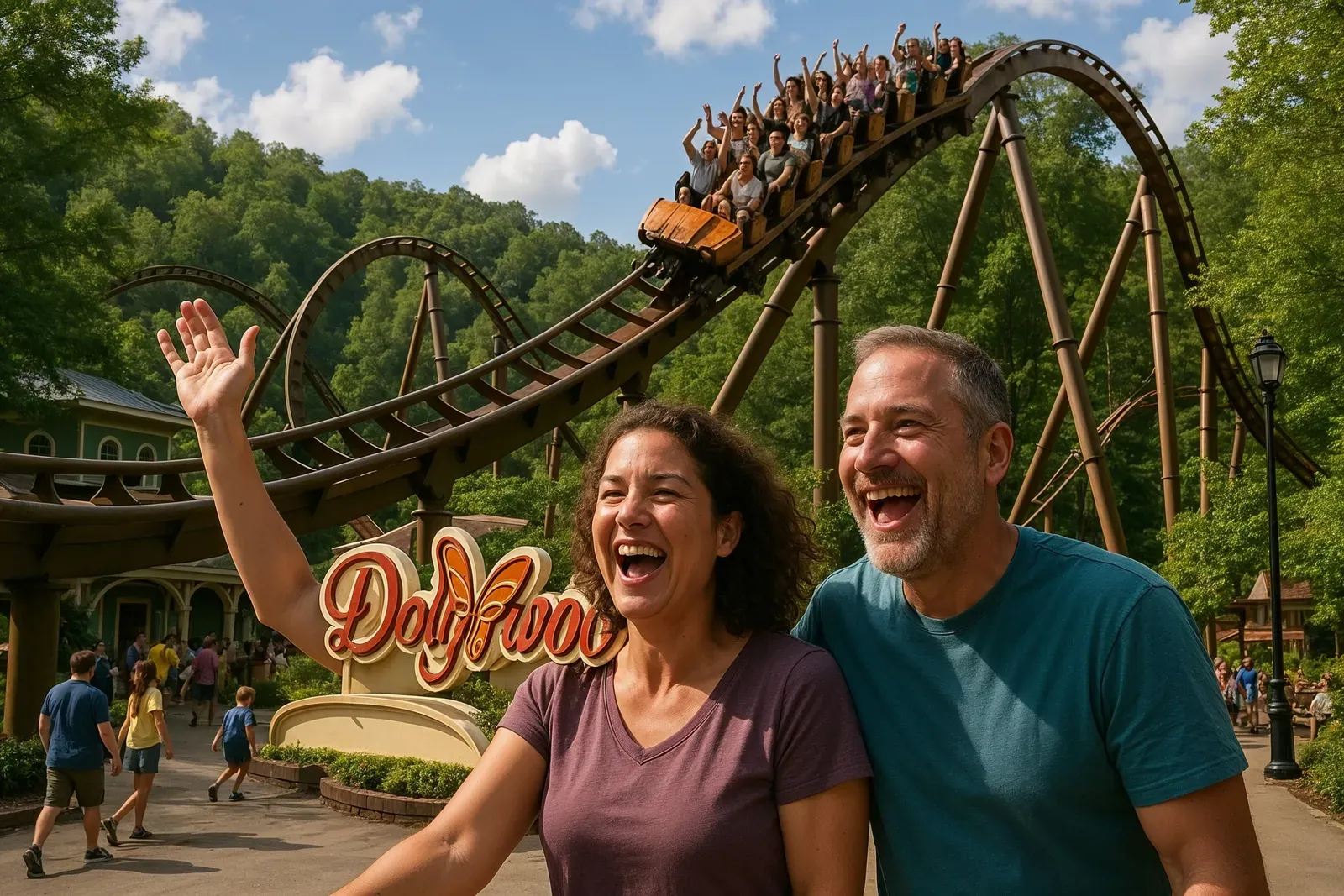 best theme park voted by fans – Dollywood roller coaster and guests enjoying the park