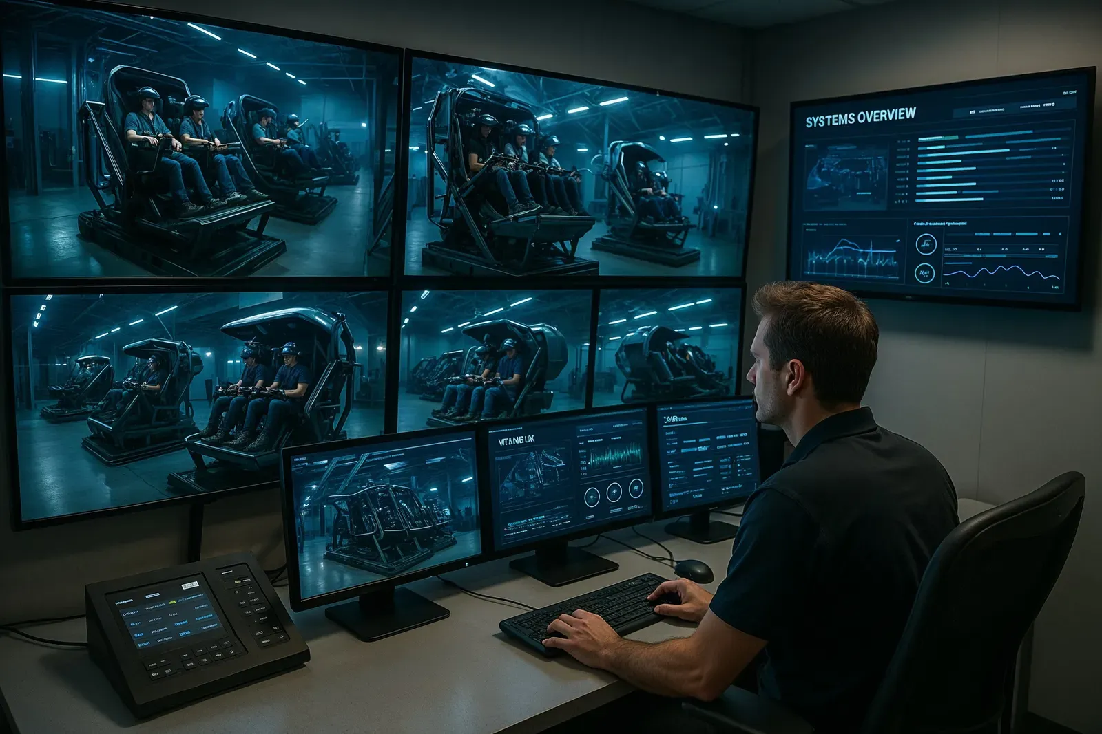 future of virtual reality rides in theme parks control room with technician and advanced monitoring systems