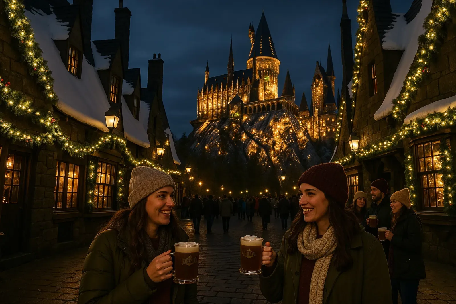 Hogwarts Castle holiday projection and festive Hogsmeade at Universal Studios christmas events