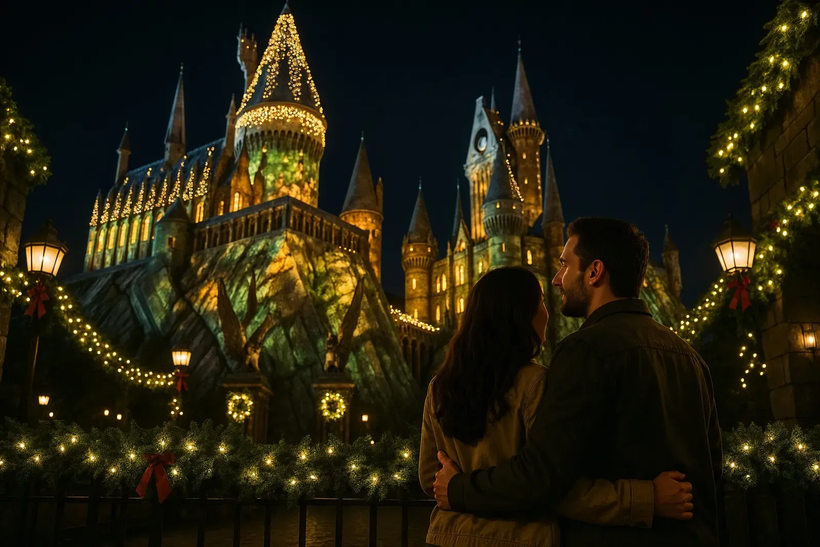 Hogwarts Castle illuminated during universal christmas lights tour