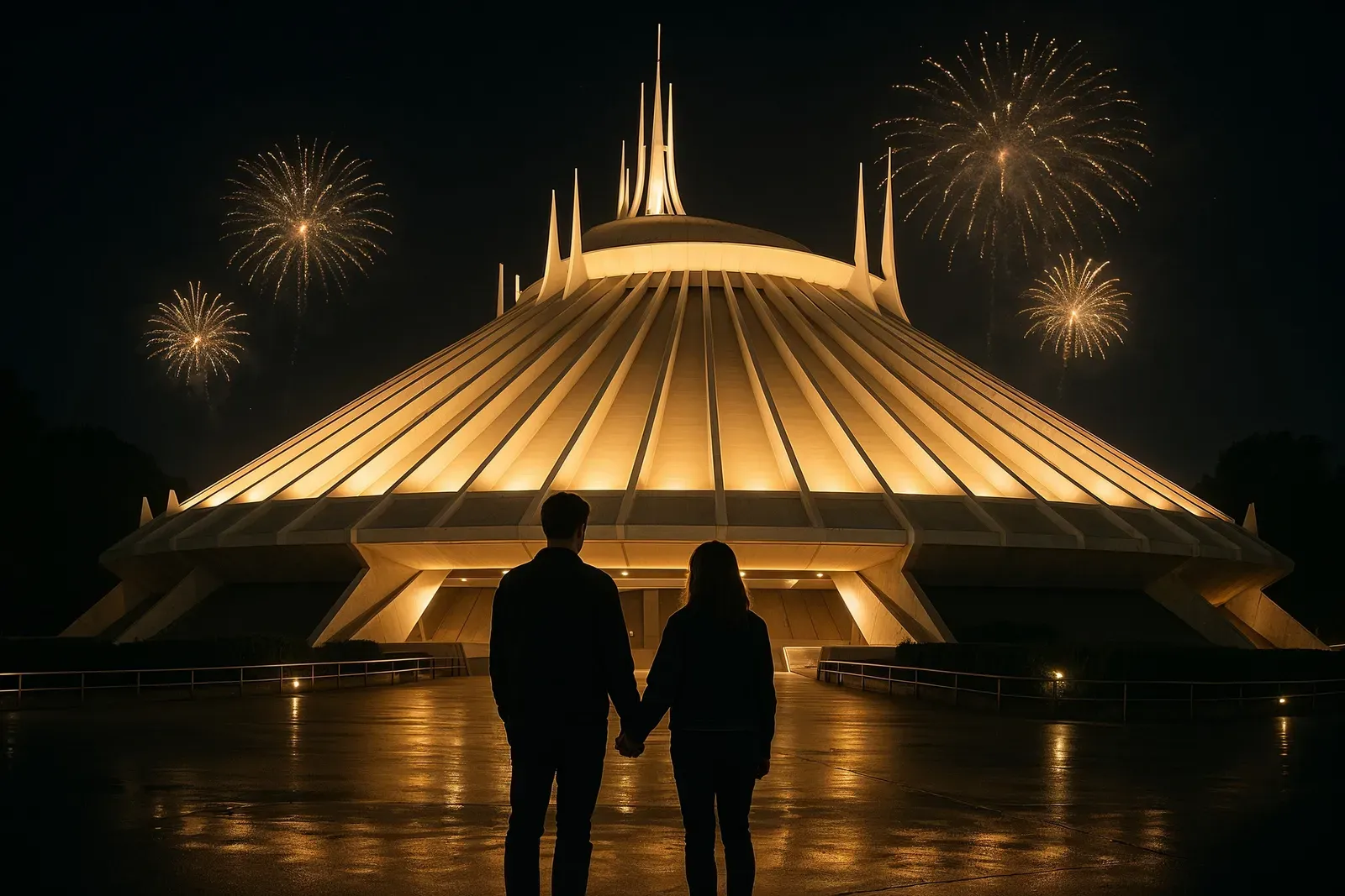 Space Mountain at night with fireworks in the background, highlighting optimal evening ride times as the best time of day to ride space mountain.