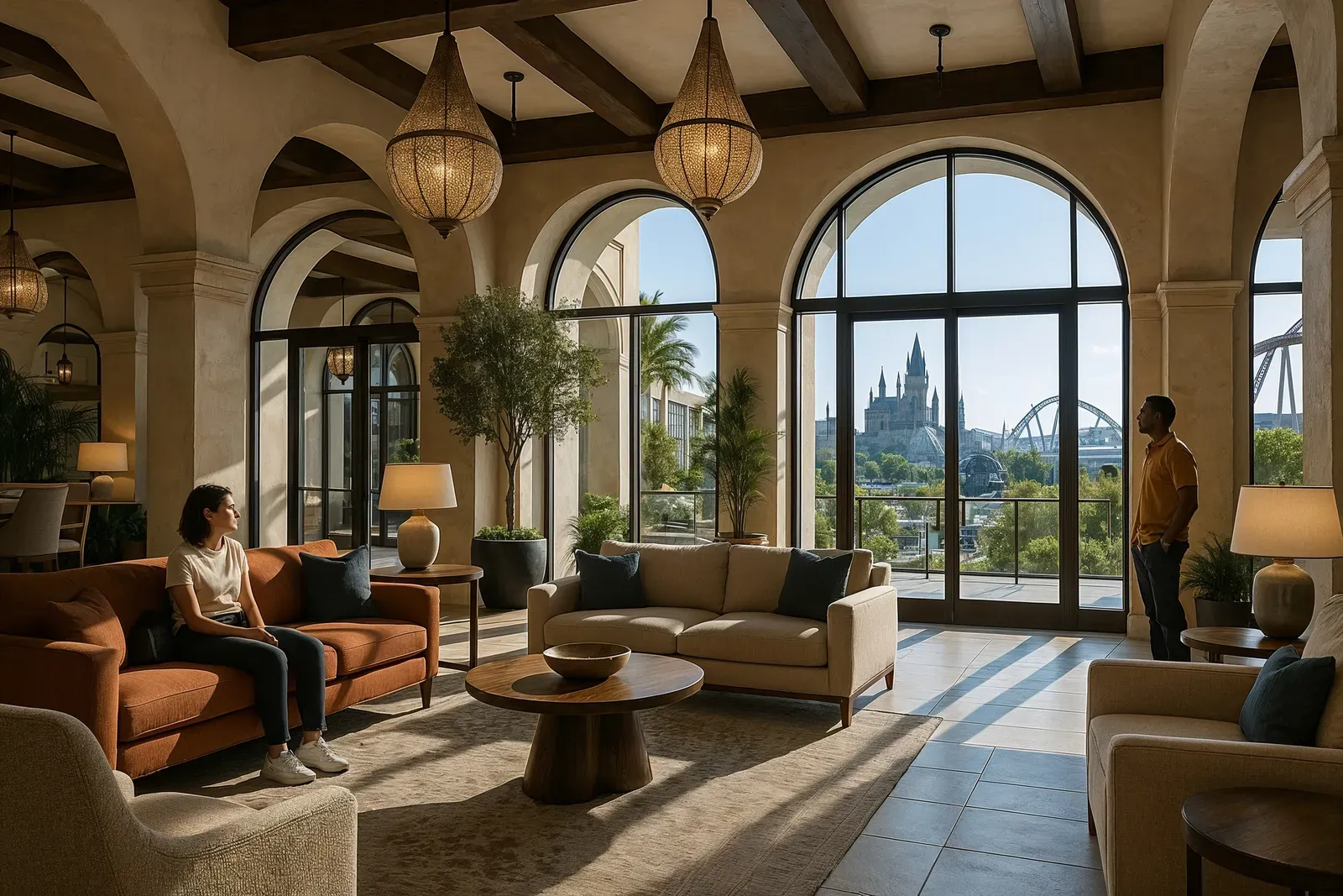 A hyper-realistic photo of universal studios new attractions highlighting a luxurious Mediterranean-inspired hotel lobby with views of the park