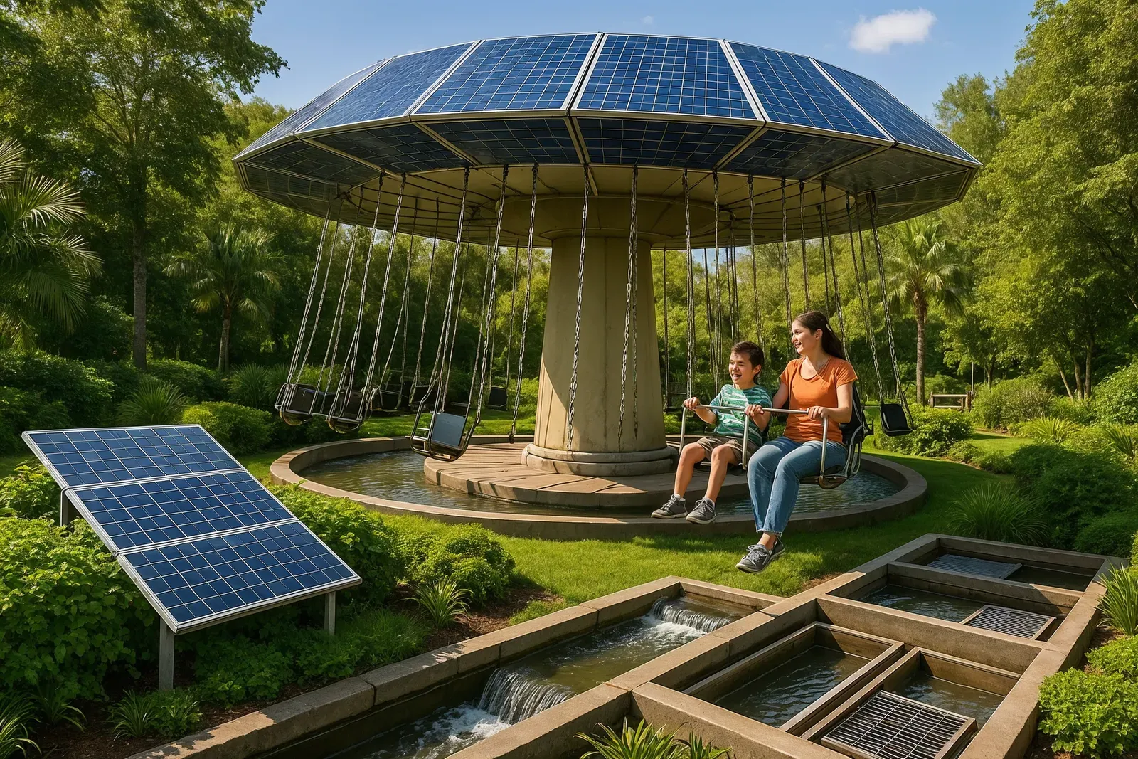 predictions for theme park trends: sustainable theme park ride with solar panels and green technology