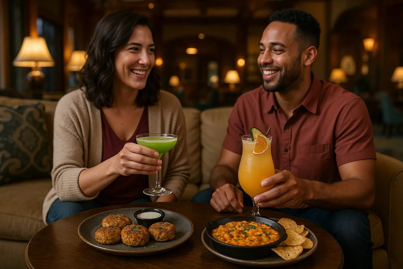 Guests enjoying vegan cocktails and appetizers at Disney World resort lounge