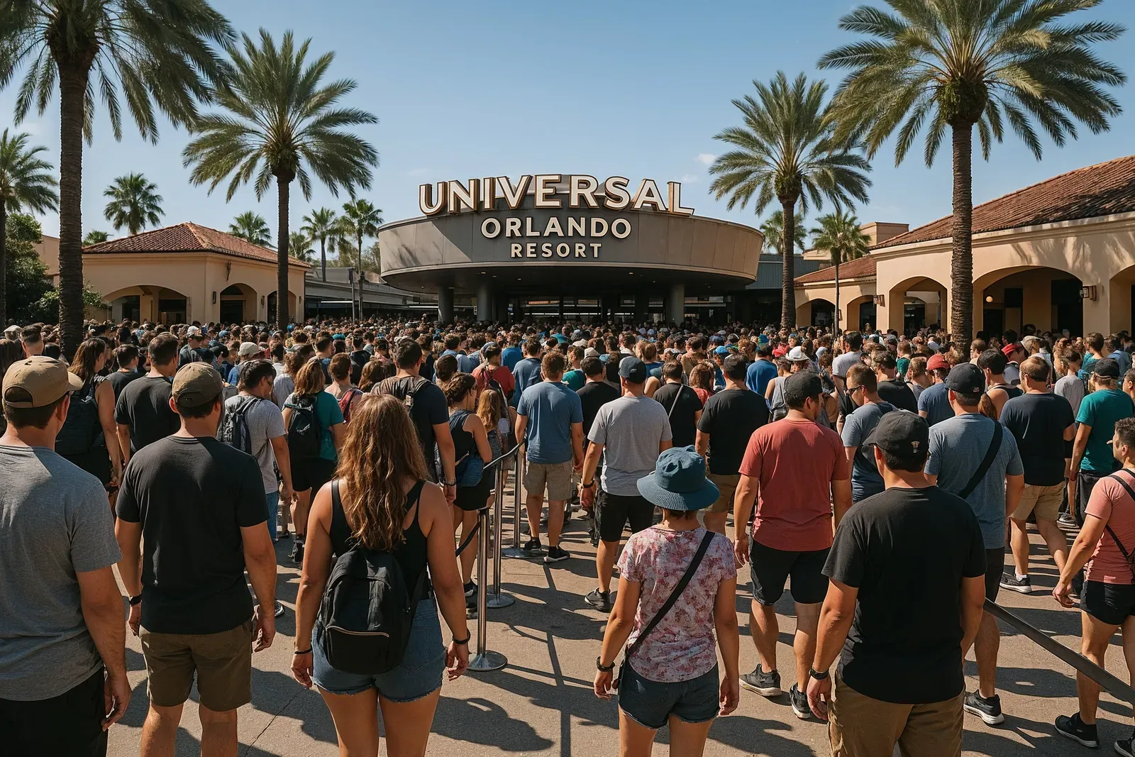 Crowds waiting at Universal Orlando entrance during peak season, illustrating universal express pass worth it or not