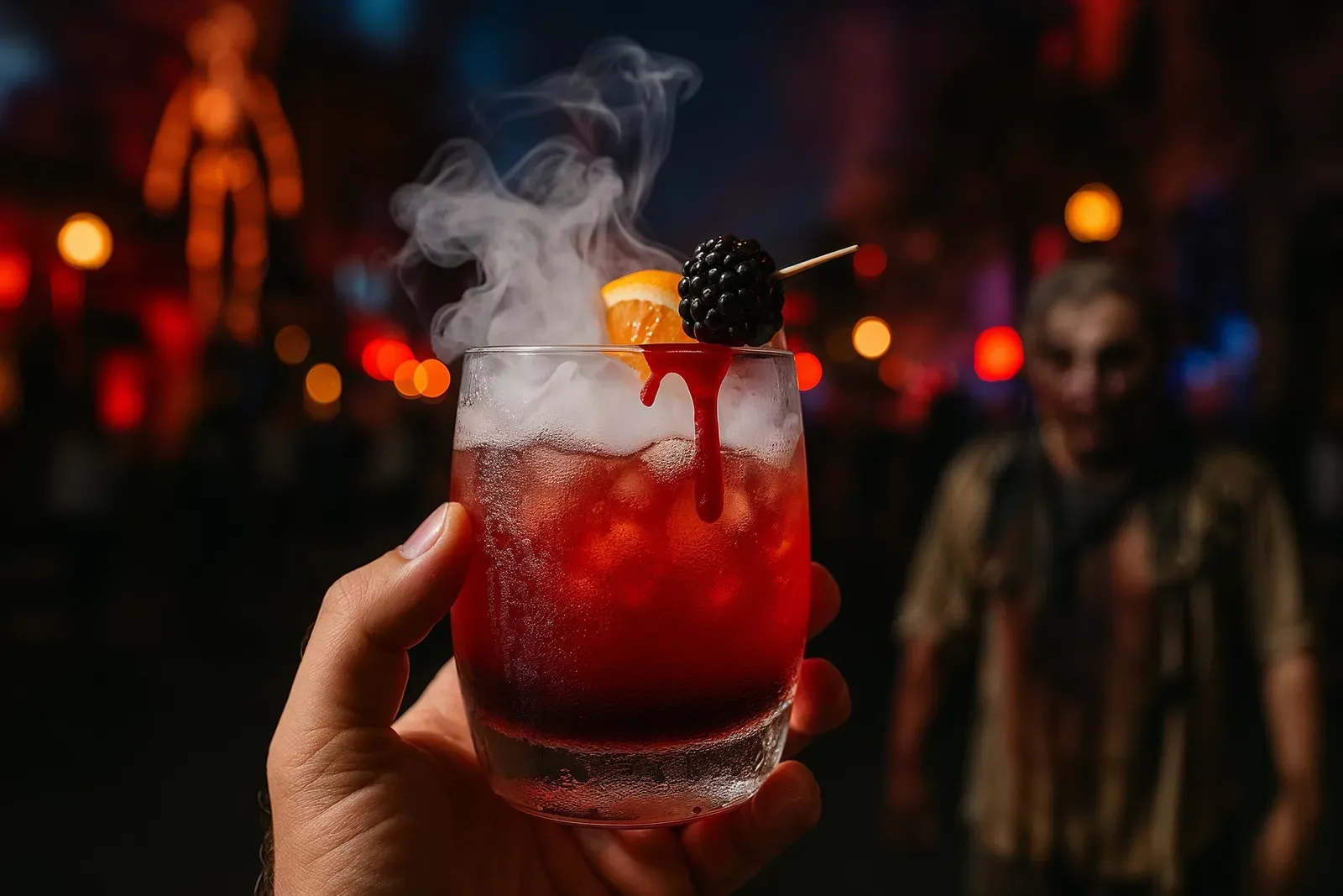 halloween horror nights food guide - close-up of spooky themed cocktail with event background
