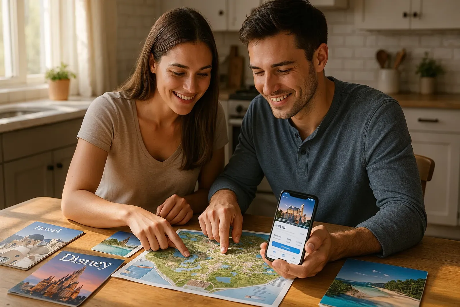 best travel credit cards for disney fans - couple planning Disney trip with travel brochures and devices