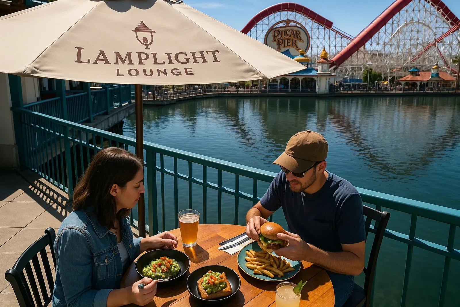 Realistic photo of Lamplight Lounge dining experience by Pixar Pier for disney california adventure one day guide