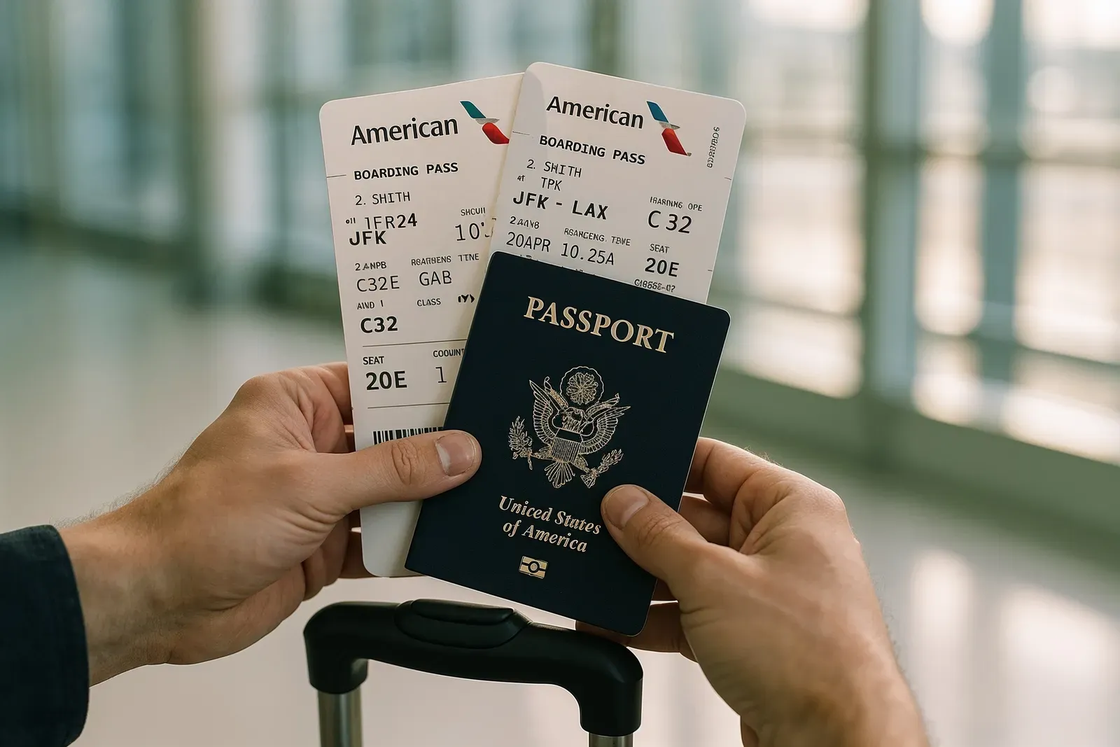 redeeming american airlines miles for flights - hands holding boarding passes and passport at airport