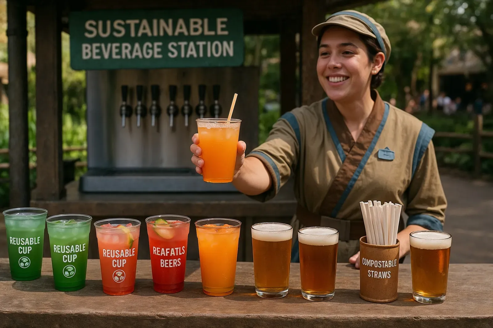 A hyper-realistic image of a sustainable theme park beverage station with eco-friendly drinks and packaging reflecting industry trends in theme park food menus