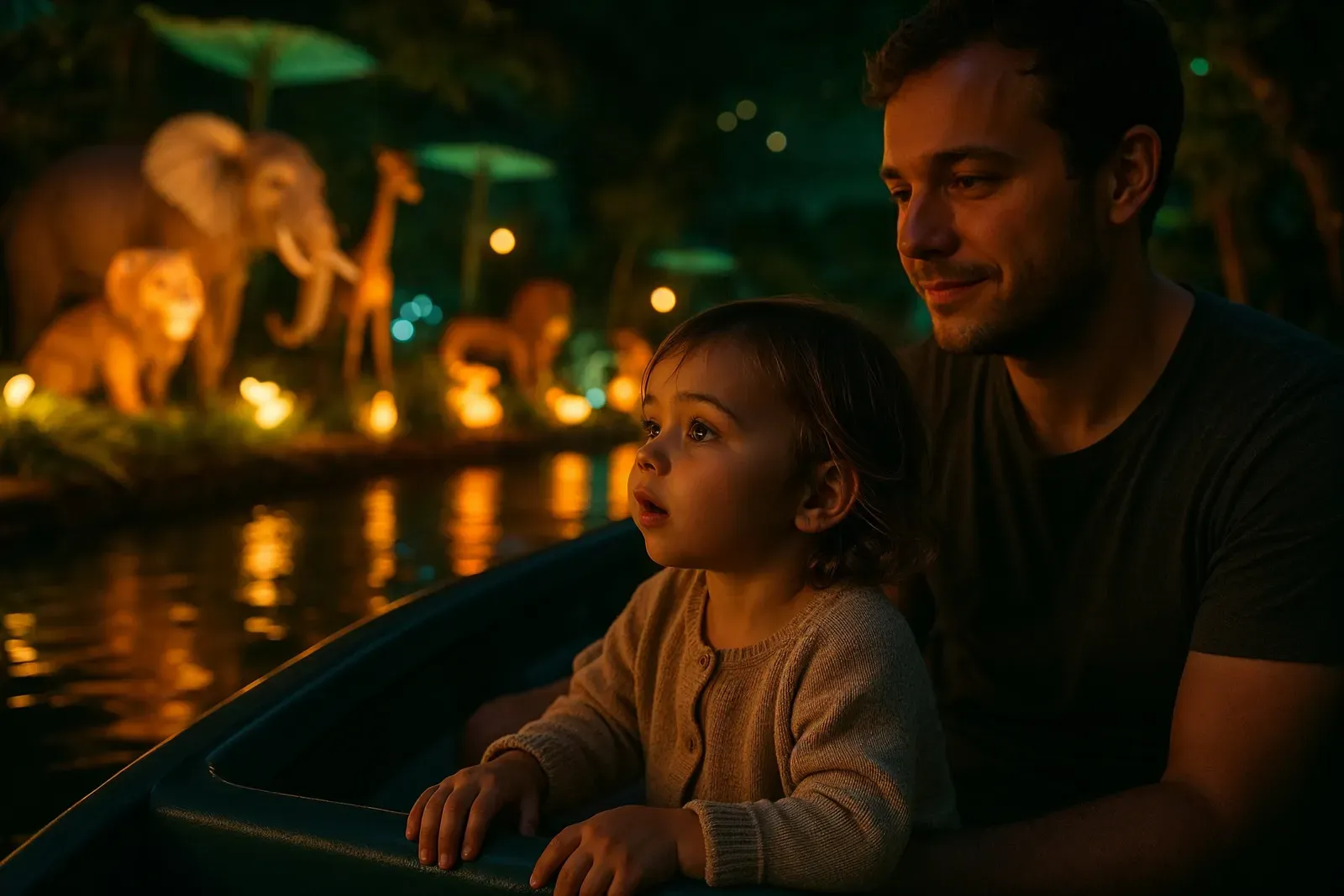 top disney world attractions for toddlers - parent and toddler on gentle boat ride with glowing scenery