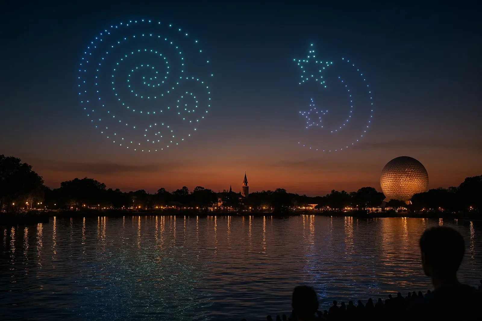 drone light show over a theme park lagoon illustrating the evolution of fireworks shows at disney parks