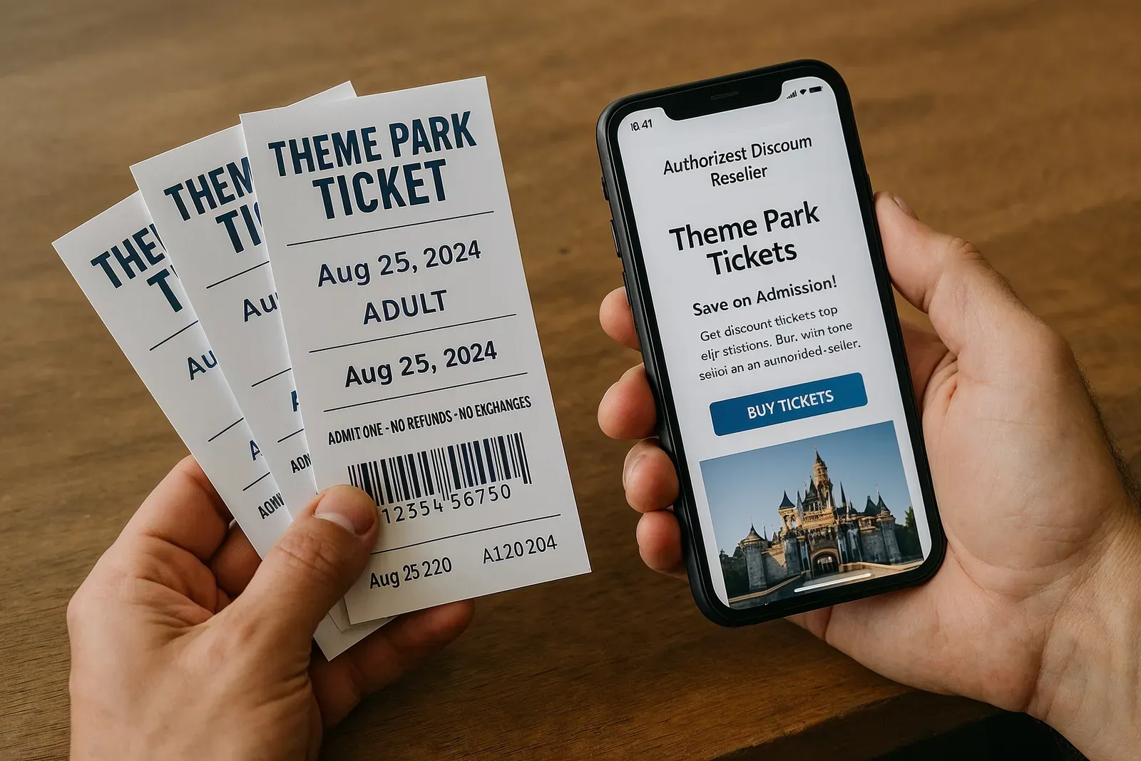 hands using phone to buy best value theme park tickets according to guests