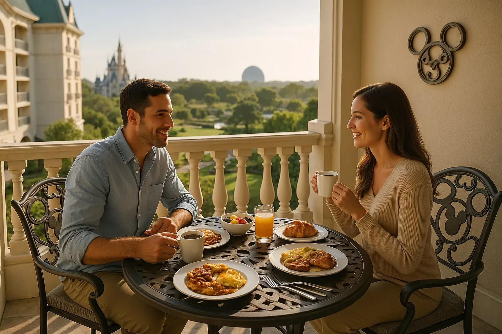 best disney resort hotels voted by travelers - couple enjoying breakfast on Disney resort balcony