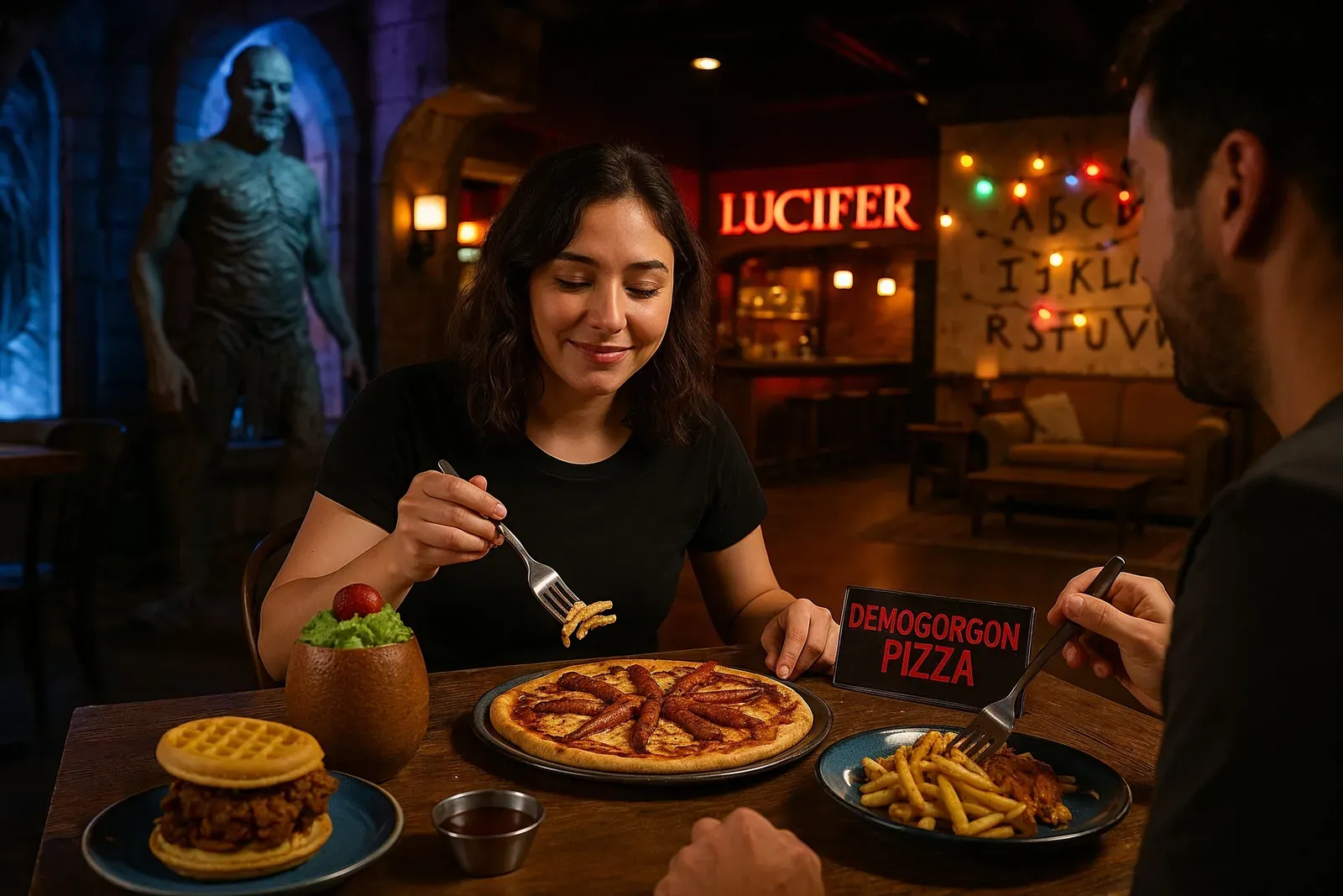 A hyper-realistic image depicting how streaming services influence theme park attractions, with guests dining in a themed restaurant inspired by popular streaming content.