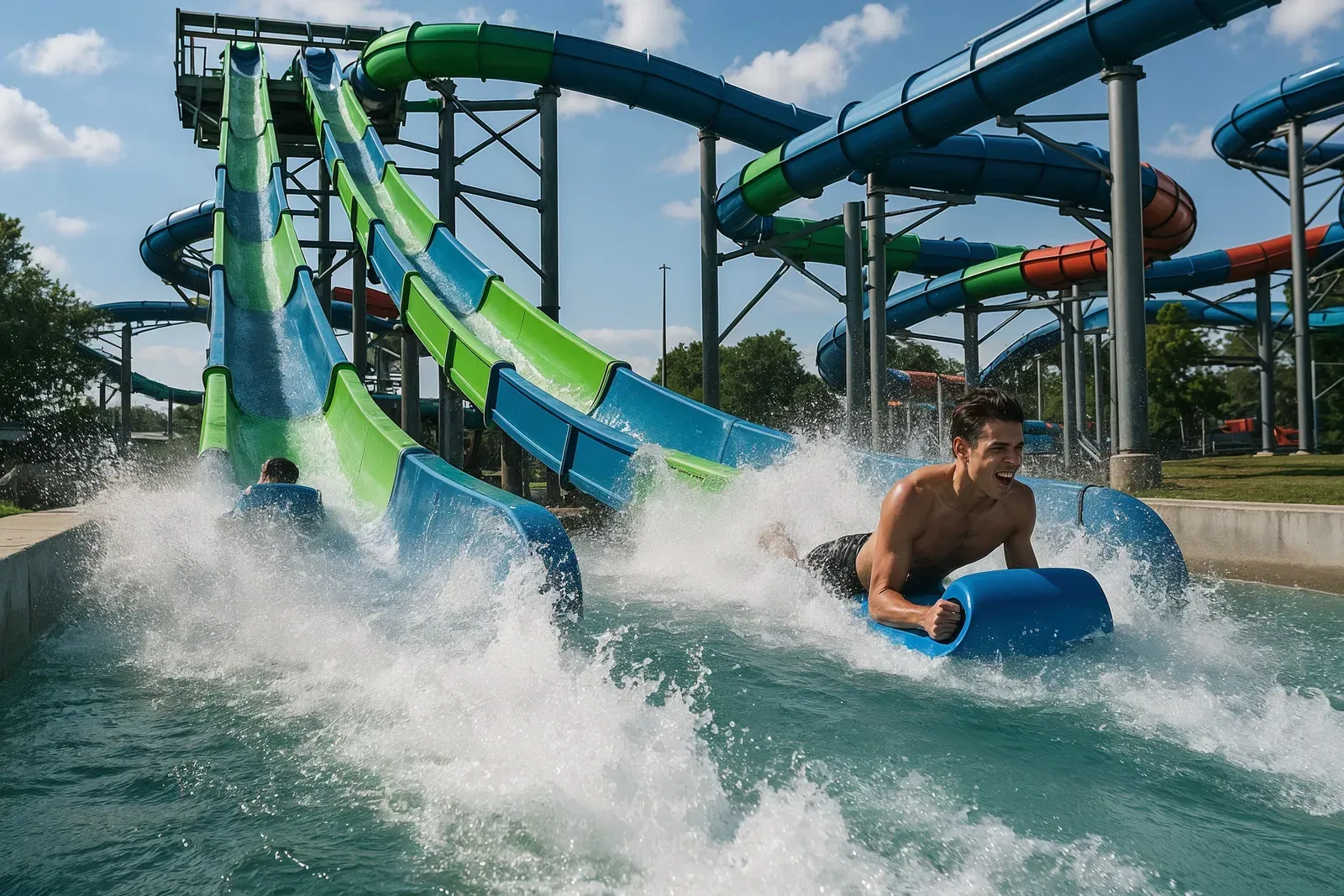 Realistic view of the best new rides coming to six flags showing a water coaster with two riders racing down parallel slides