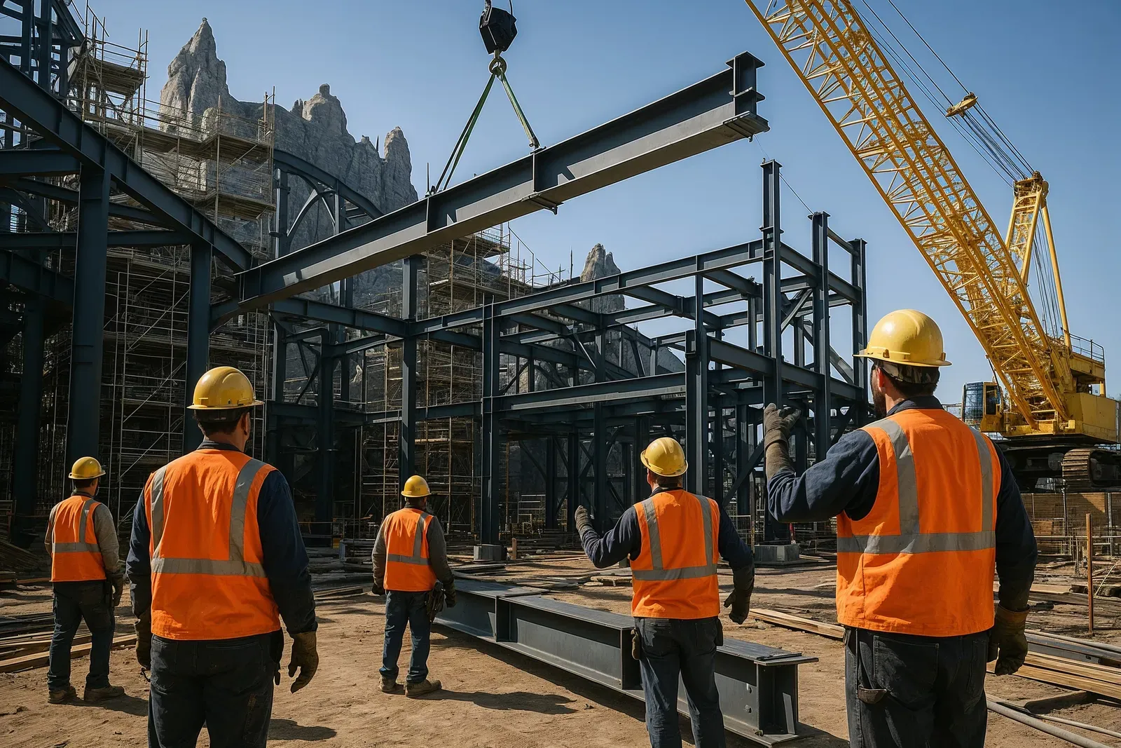 Construction progress at Universal Epic Universe with workers and steel framework visible