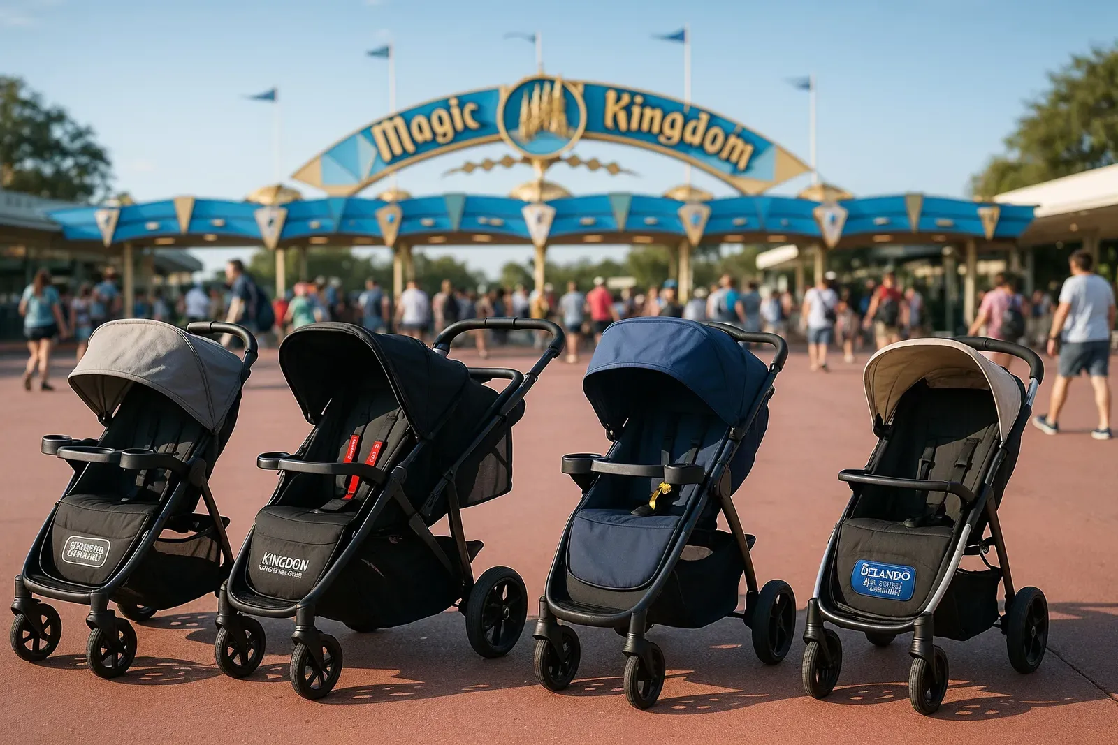 best stroller rental hacks at disney world: lineup of various strollers outside Disney park entrance with identification tags