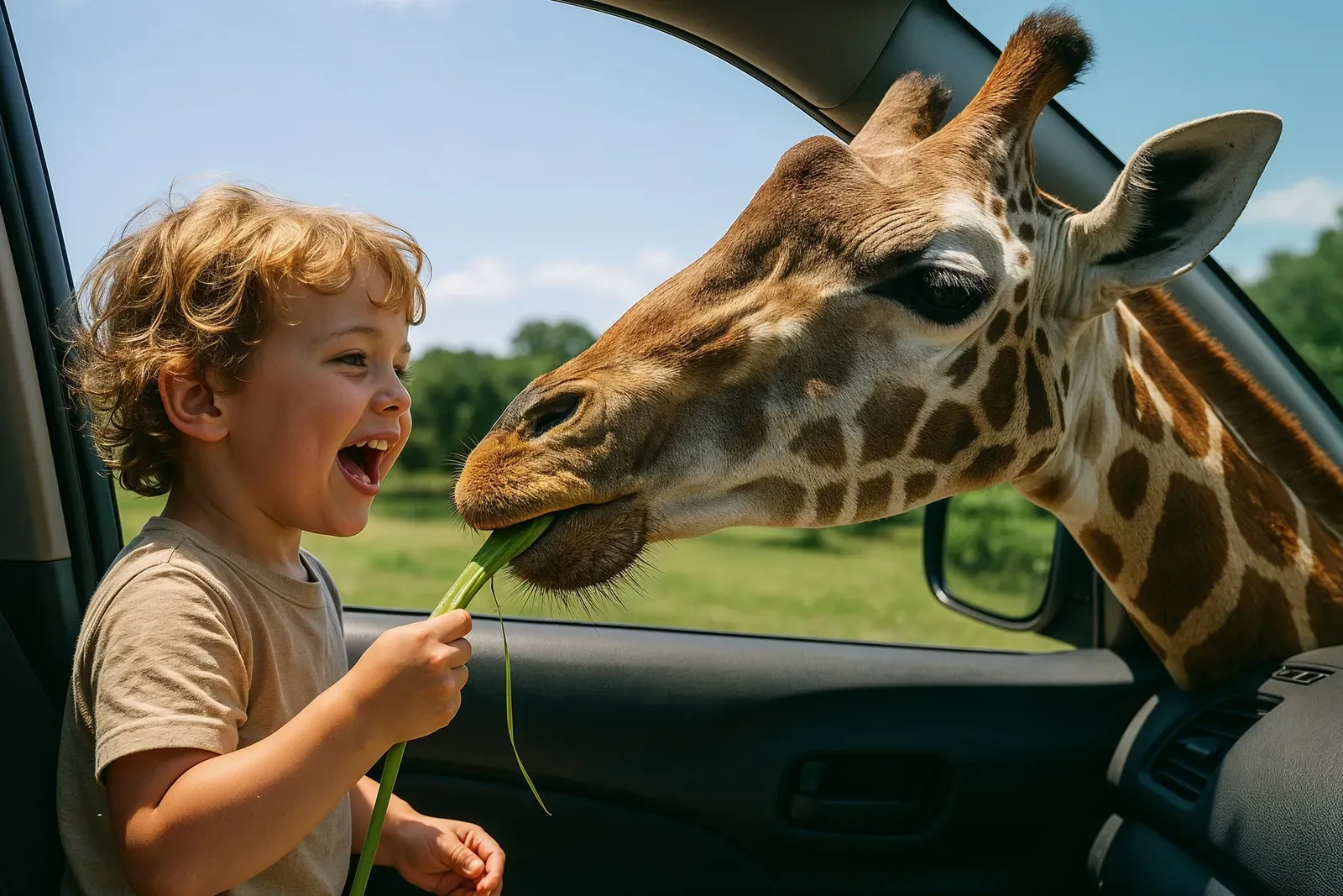 Child feeding giraffe at drive-through safari during best theme park events for kids in summer