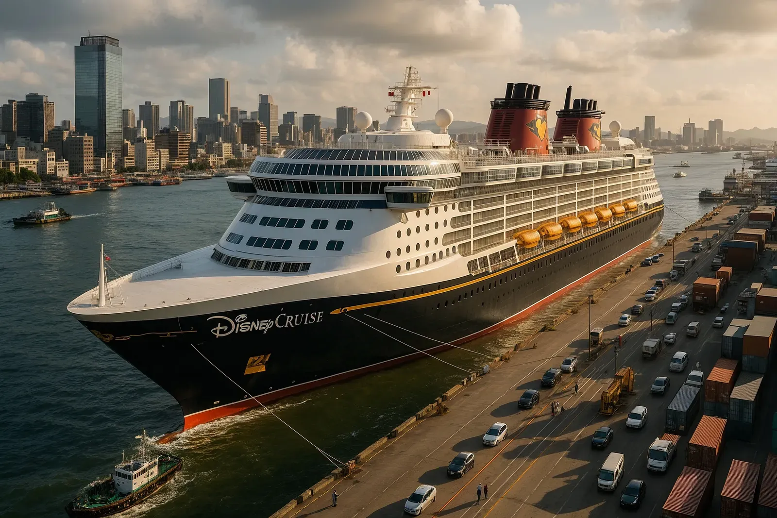 Disney cruise ship docked at an Asian port with city skyline, illustrating global expansion and the disney cruise line new ship launch.