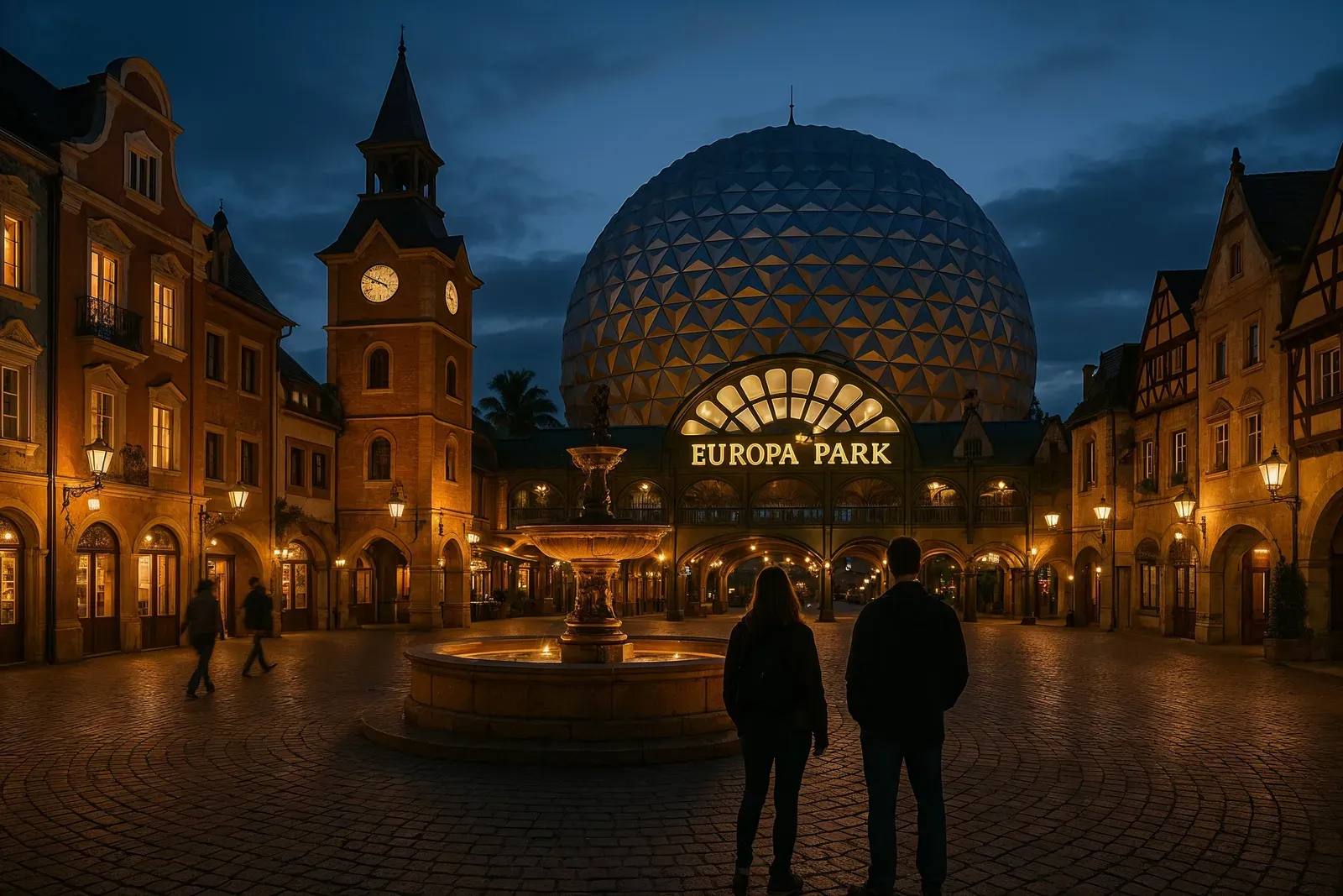 best theme park voted by fans – Europa Park evening ambiance with guests in themed square