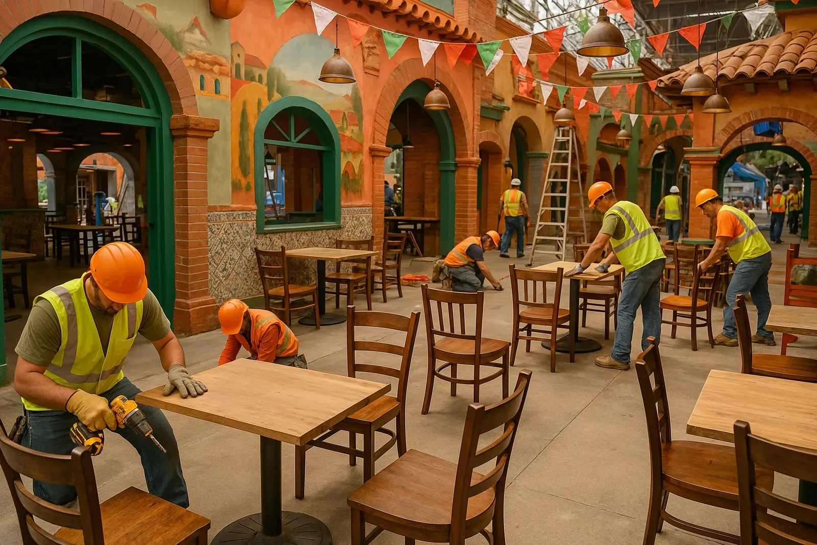 New themed restaurant construction site at Universal Epic Universe with workers preparing interiors