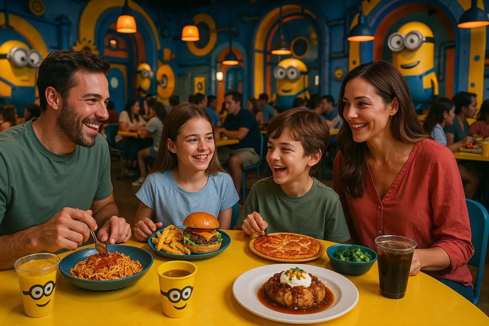 universal studios family travel tips - family dining together in themed Universal Studios restaurant