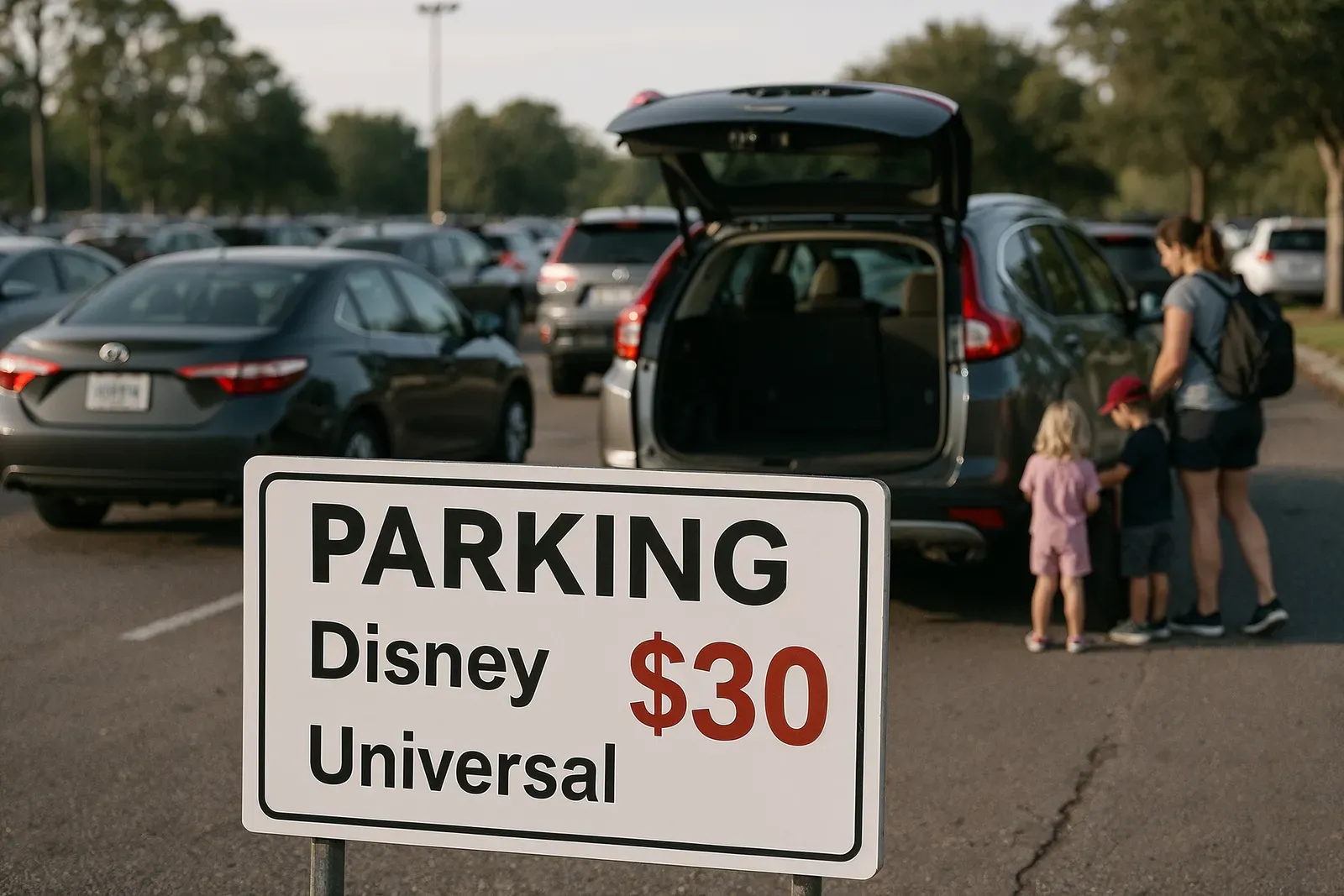 family unloading car at theme park parking lot highlighting hidden costs and disney vs universal ticket pricing trends