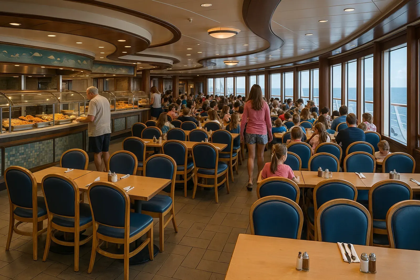 Busy breakfast buffet scene at Cabanas on a Disney cruise, lessons learned from our first disney cruise