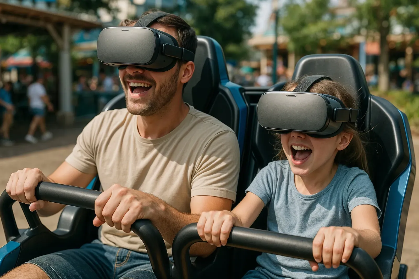 future of virtual reality rides in theme parks with family enjoying a VR motion simulator