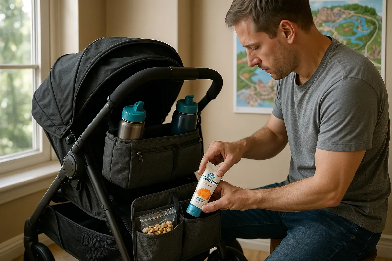 best stroller rental hacks at disney world: parent packing stroller organizers with essentials at Disney resort