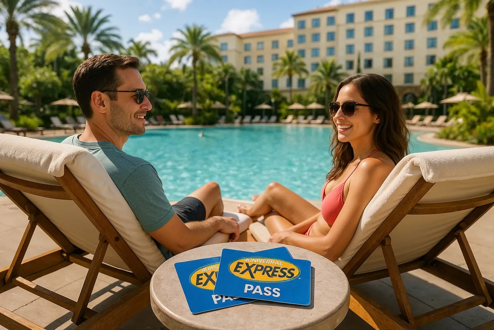 Couple enjoying Universal Orlando hotel pool with express pass cards, considering universal express pass worth it or not