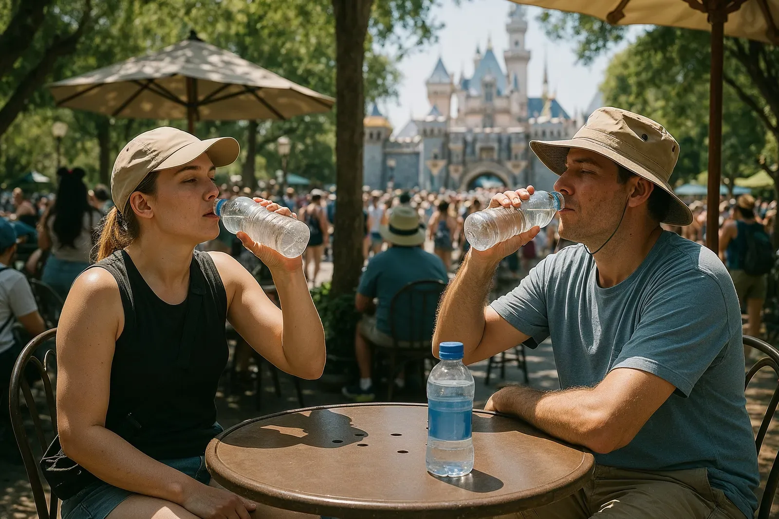 Visitors taking a midday break in Disneyland with crowds in the background, guide to visiting Disneyland during peak season
