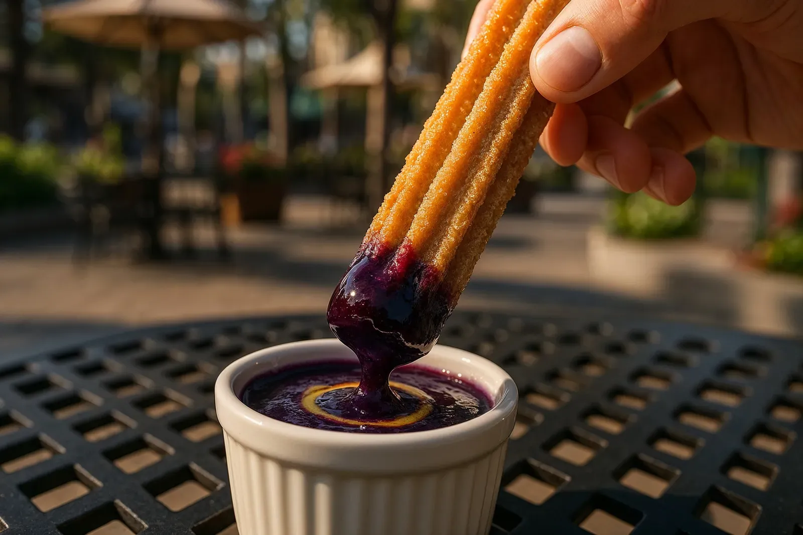 Disneyland churro flavors ranked with a churro dipped in blueberry-lemon sauce