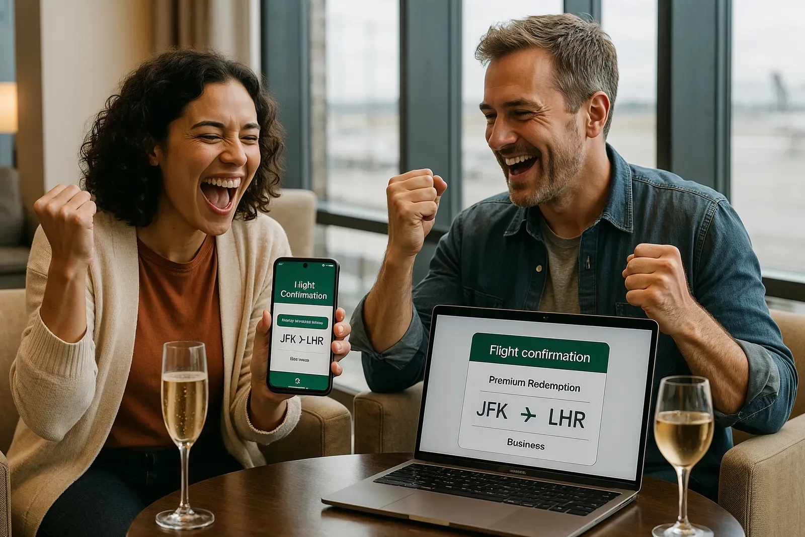 Travelers celebrating successful best way to redeem miles for flights booking in airport lounge