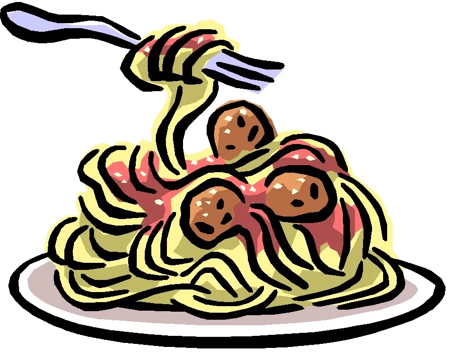 A cartoon plate of spaghetti and meatballs